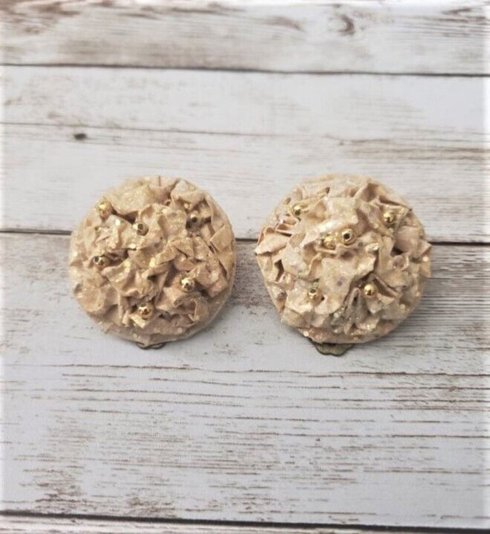 Vintage Clip On Earrings Unusual Statement Crinkled Look Circle 1.25"